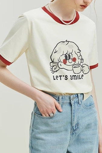 レディース　半袖　リンガー　リンガーTシャツ　レトロガール 北欧風　韓国風　くすみカラー　花のプリントTシャツ　オフィスカジュアル　Tシャツ　大人かわいい