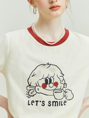 レディース　半袖　リンガー　リンガーTシャツ　レトロガール 北欧風　韓国風　くすみカラー　花のプリントTシャツ　オフィスカジュアル　Tシャツ　大人かわいい