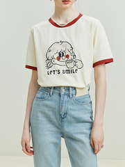 レディース　半袖　リンガー　リンガーTシャツ　レトロガール 北欧風　韓国風　くすみカラー　花のプリントTシャツ　オフィスカジュアル　Tシャツ　大人かわいい