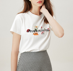 レディース　半袖　花プリントT 北欧風　韓国風　くすみカラー　花のプリントTシャツ　オフィスカジュアル　Tシャツ　大人かわいい